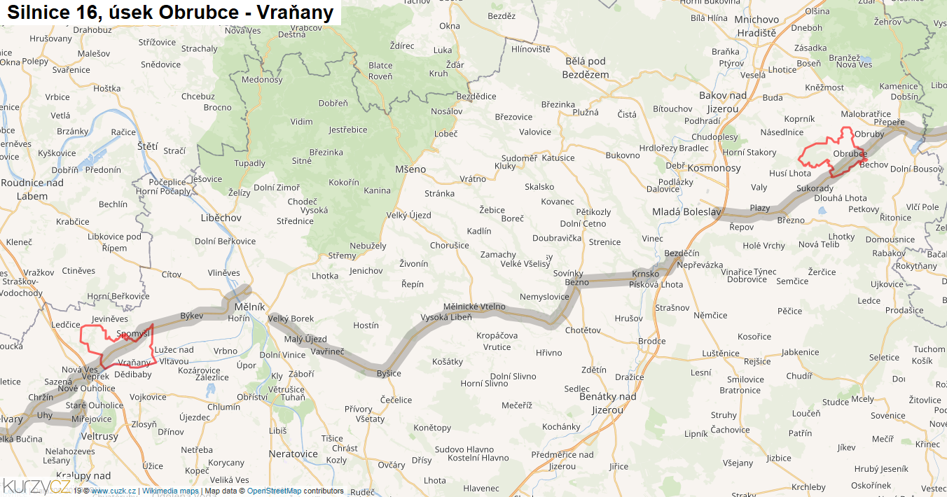Úsek Obrubce - Vraňany, Silnice 16 - Mapa
