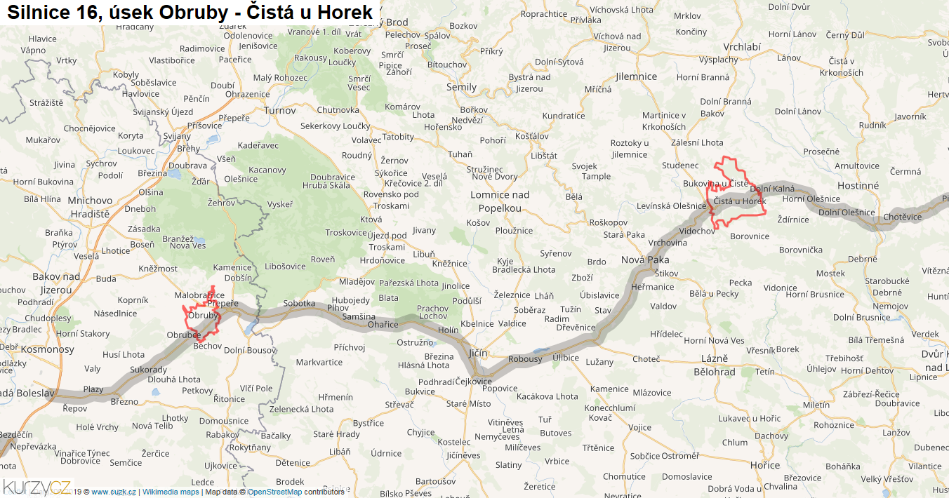Úsek Obruby - Čistá u Horek, Silnice 16 - Mapa