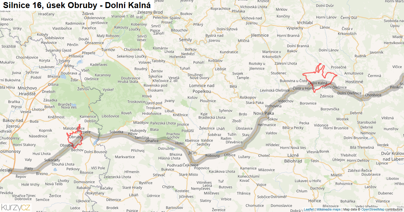Úsek Obruby - Dolní Kalná, Silnice 16 - Mapa