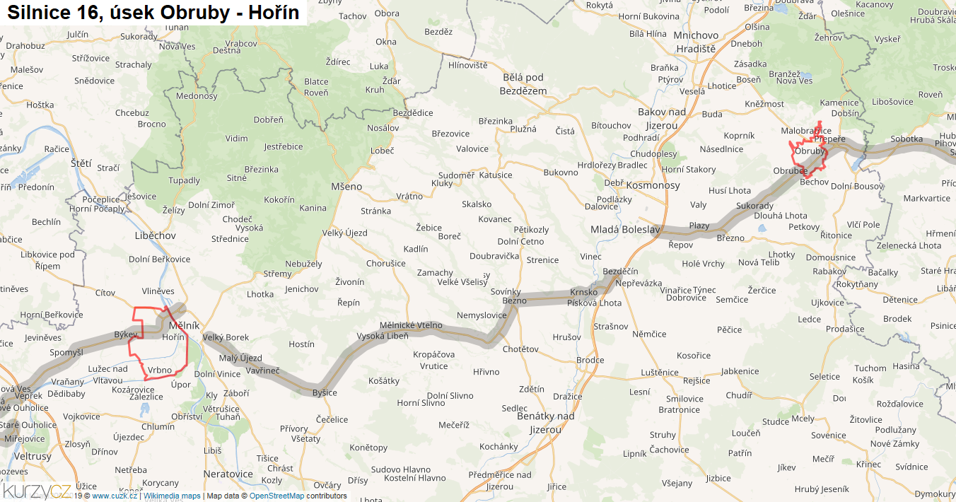 Úsek Obruby - Hořín, Silnice 16 - Mapa