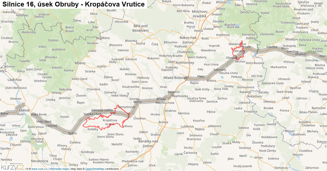 Úsek Obruby - Kropáčova Vrutice, Silnice 16 - Mapa