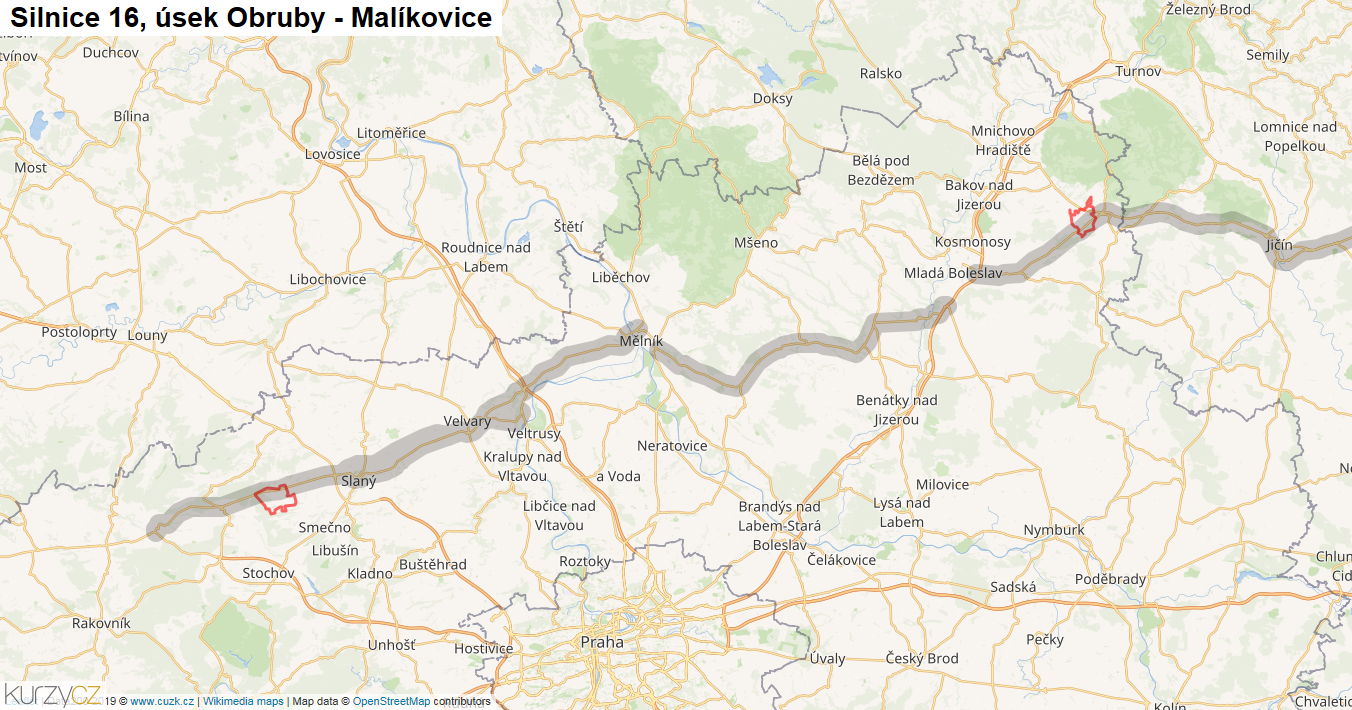 Úsek Obruby - Malíkovice, Silnice 16 - Mapa