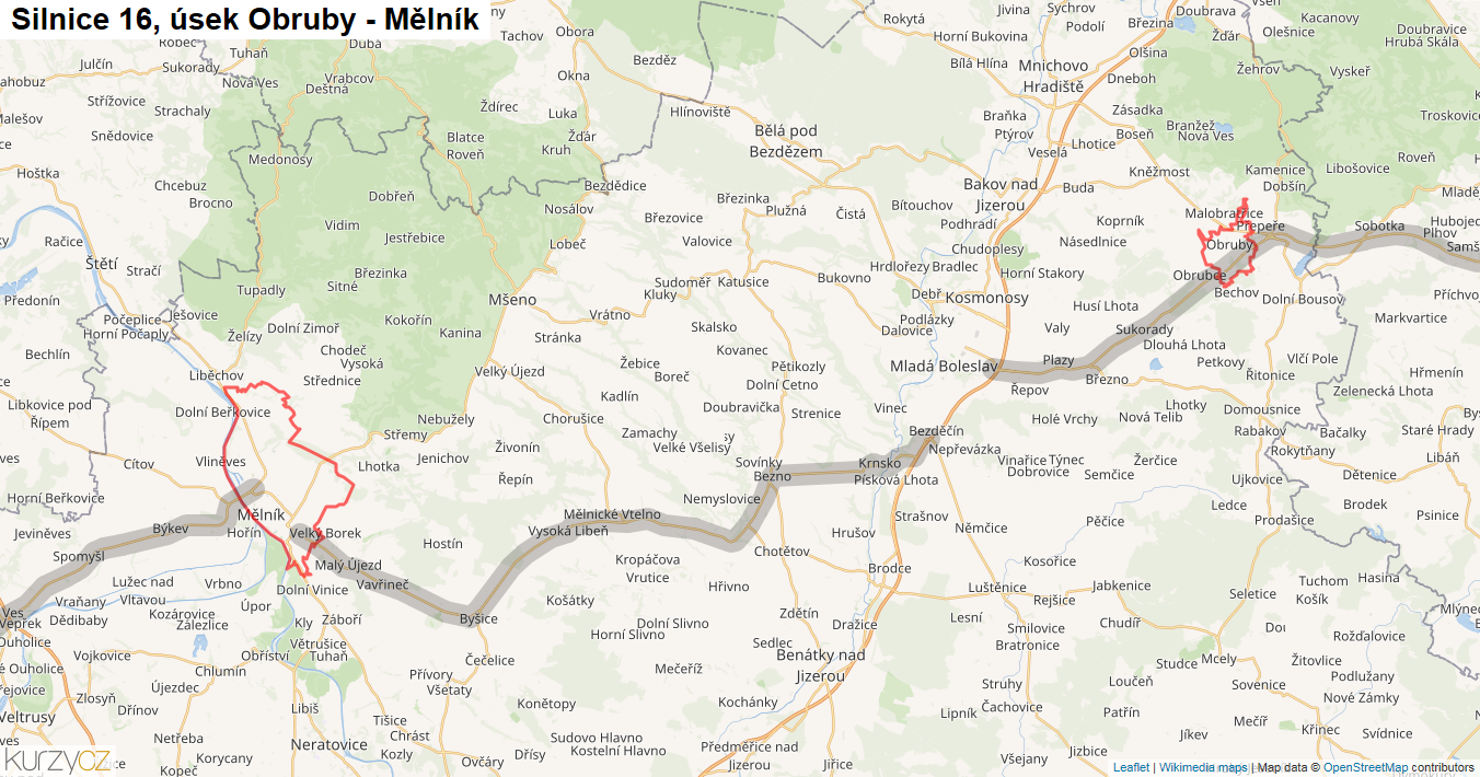 Úsek Obruby - Mělník, Silnice 16 - Mapa