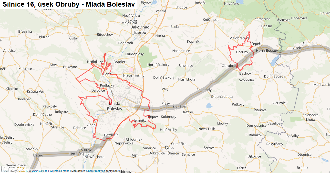 Úsek Obruby - Mladá Boleslav, Silnice 16 - Mapa