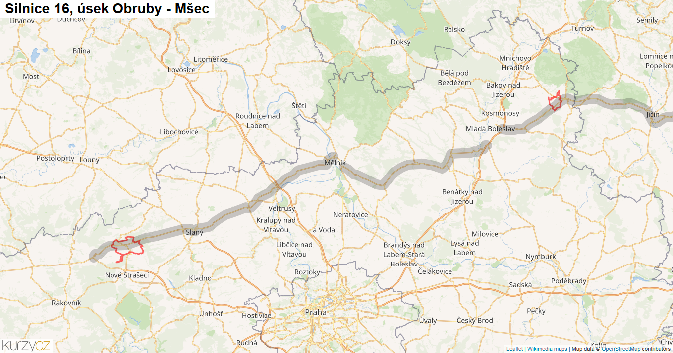 Úsek Obruby - Mšec, Silnice 16 - Mapa