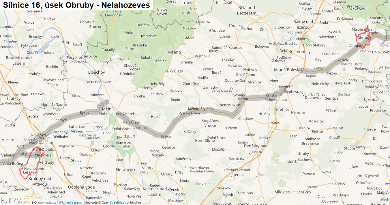 Úsek Obruby - Nelahozeves, Silnice 16 - Mapa