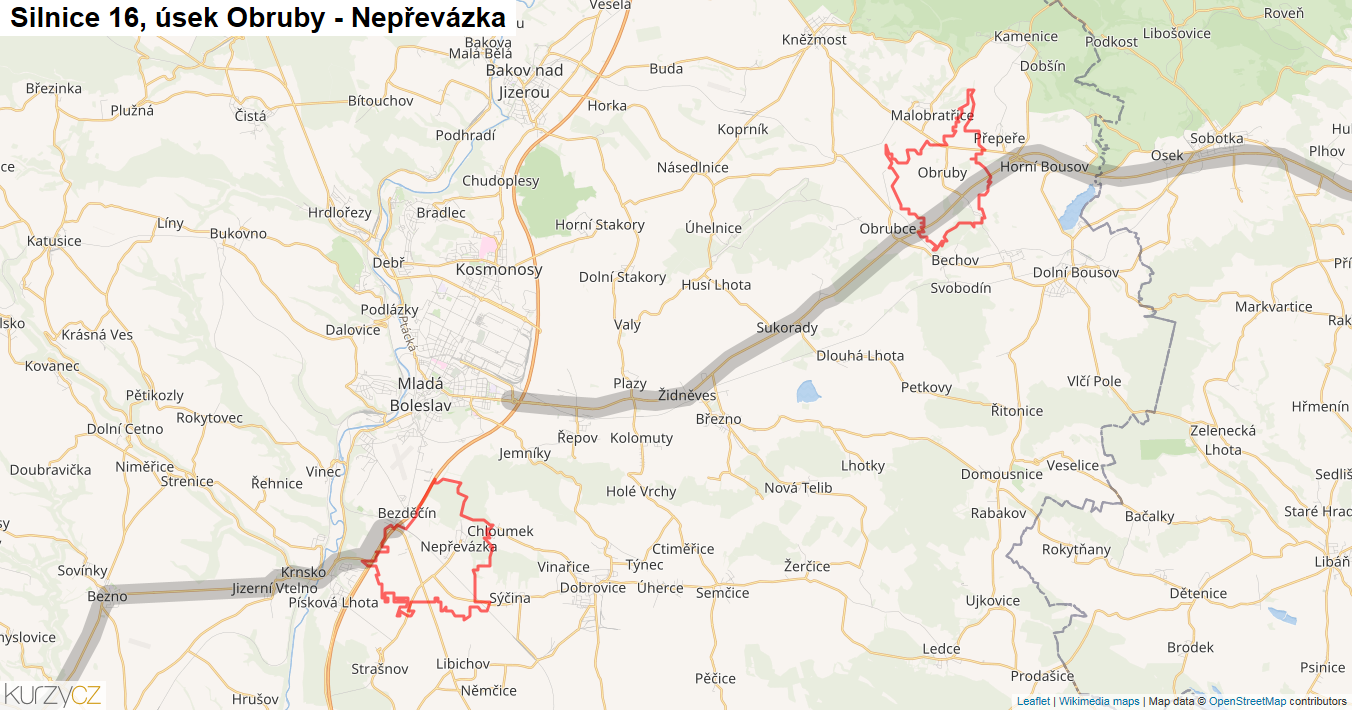 Úsek Obruby - Nepřevázka, Silnice 16 - Mapa