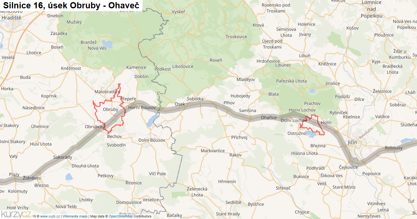 Úsek Obruby - Ohaveč, Silnice 16 - Mapa