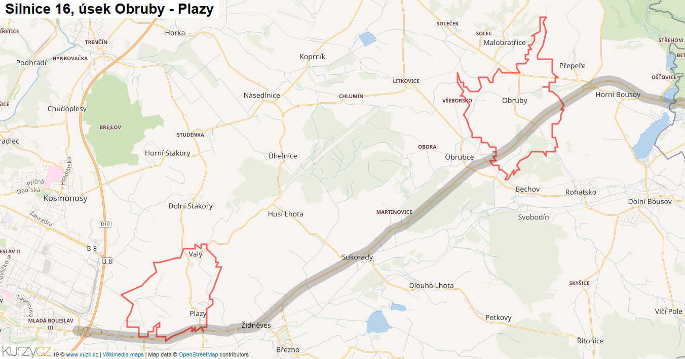Úsek Obruby - Plazy, Silnice 16 - Mapa