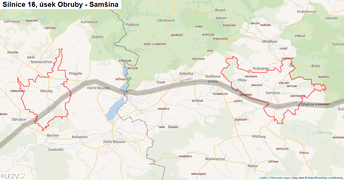 Úsek Obruby - Samšina, Silnice 16 - Mapa