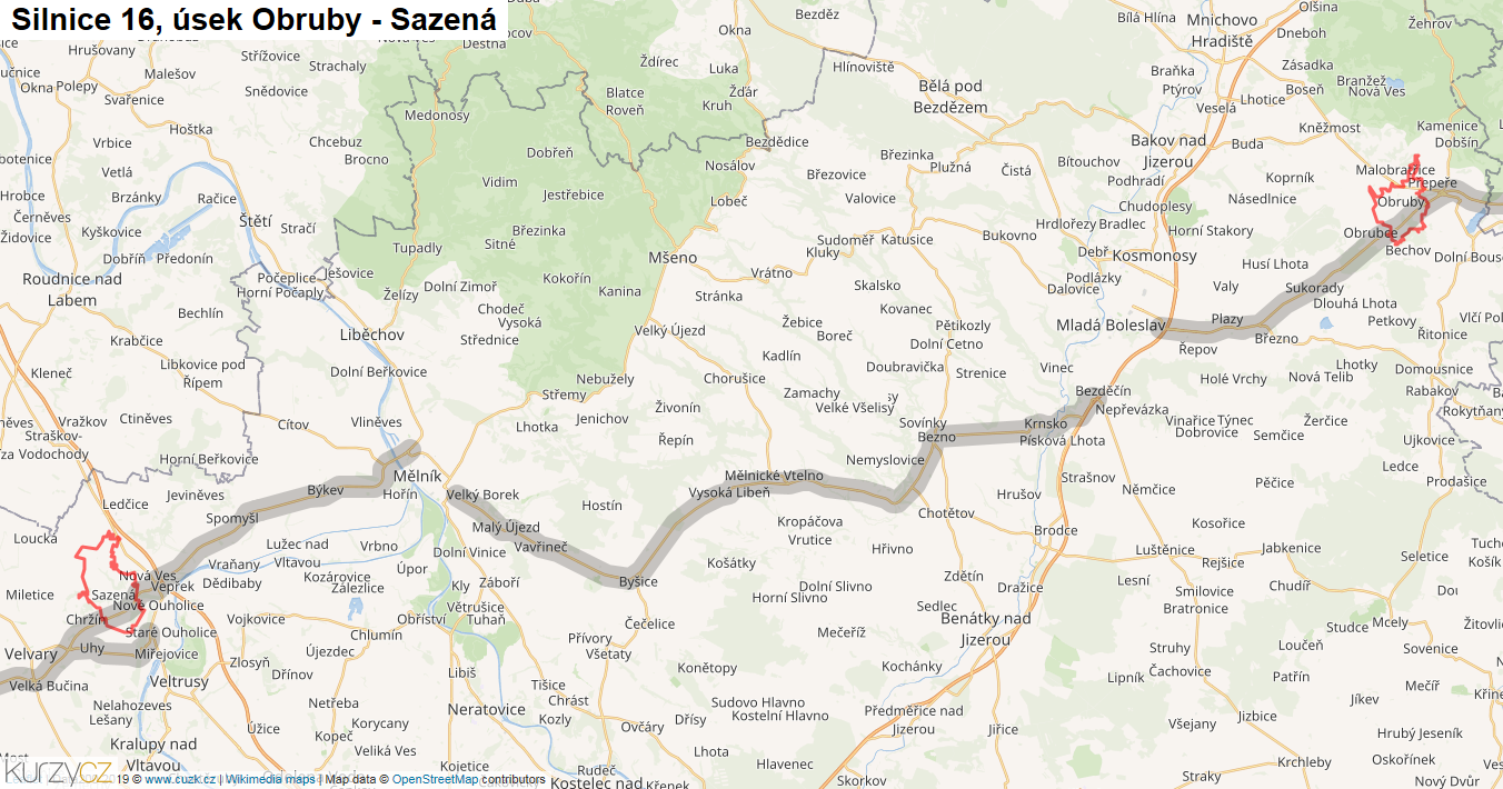 Úsek Obruby - Sazená, Silnice 16 - Mapa