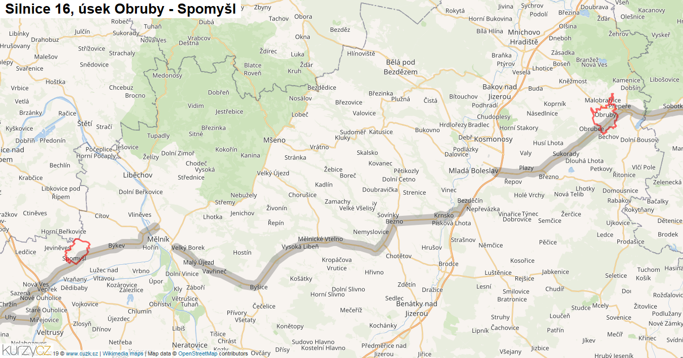 Úsek Obruby - Spomyšl, Silnice 16 - Mapa