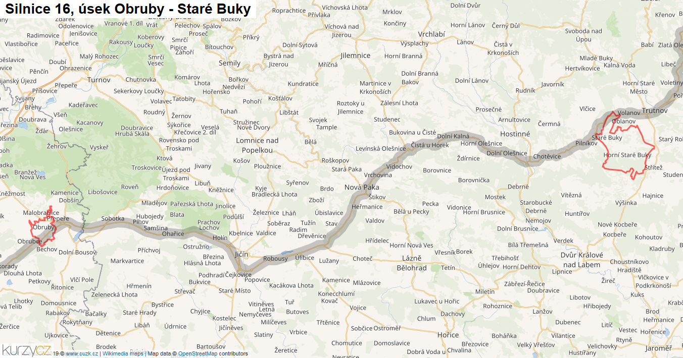 Úsek Obruby - Staré Buky, Silnice 16 - Mapa