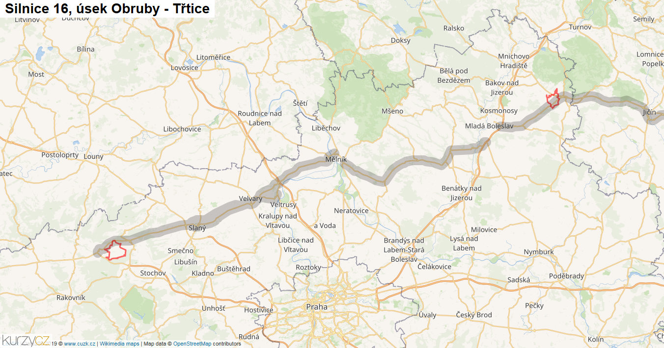 Úsek Obruby - Třtice, Silnice 16 - Mapa