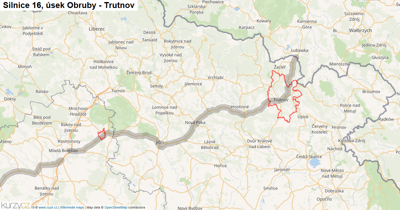 Úsek Obruby - Trutnov, Silnice 16 - Mapa