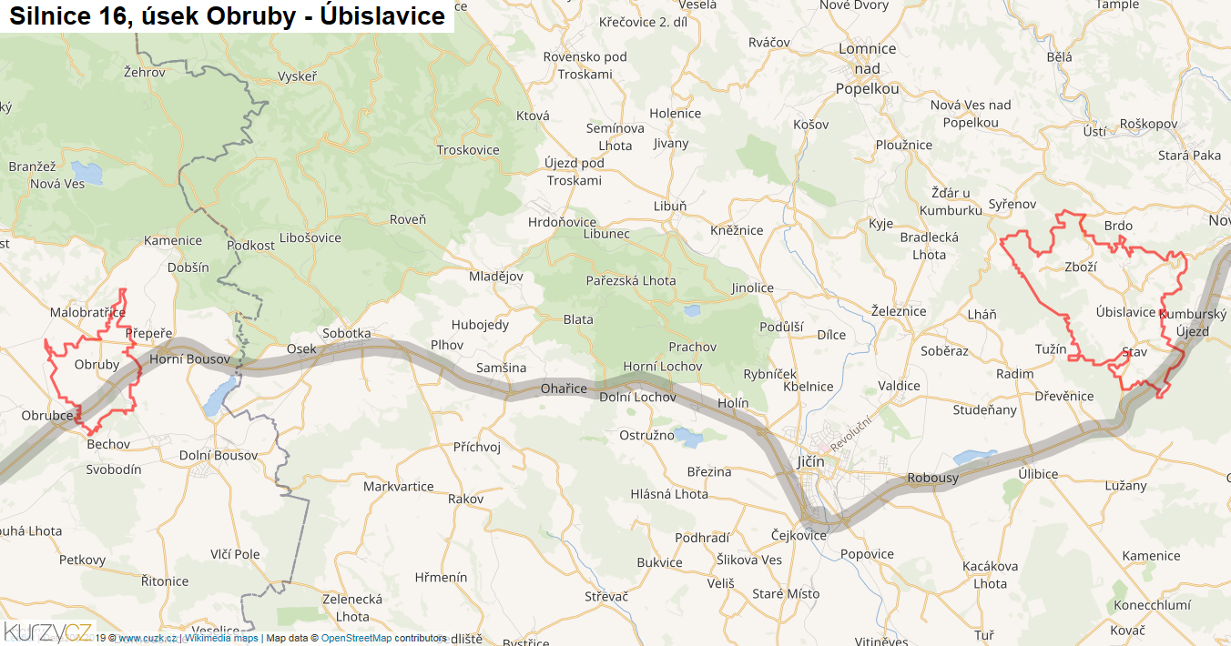 Úsek Obruby - Úbislavice, Silnice 16 - Mapa