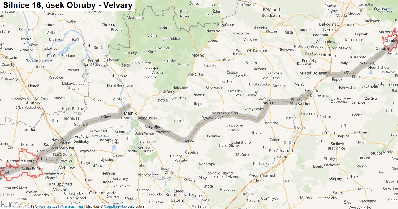 Úsek Obruby - Velvary, Silnice 16 - Mapa