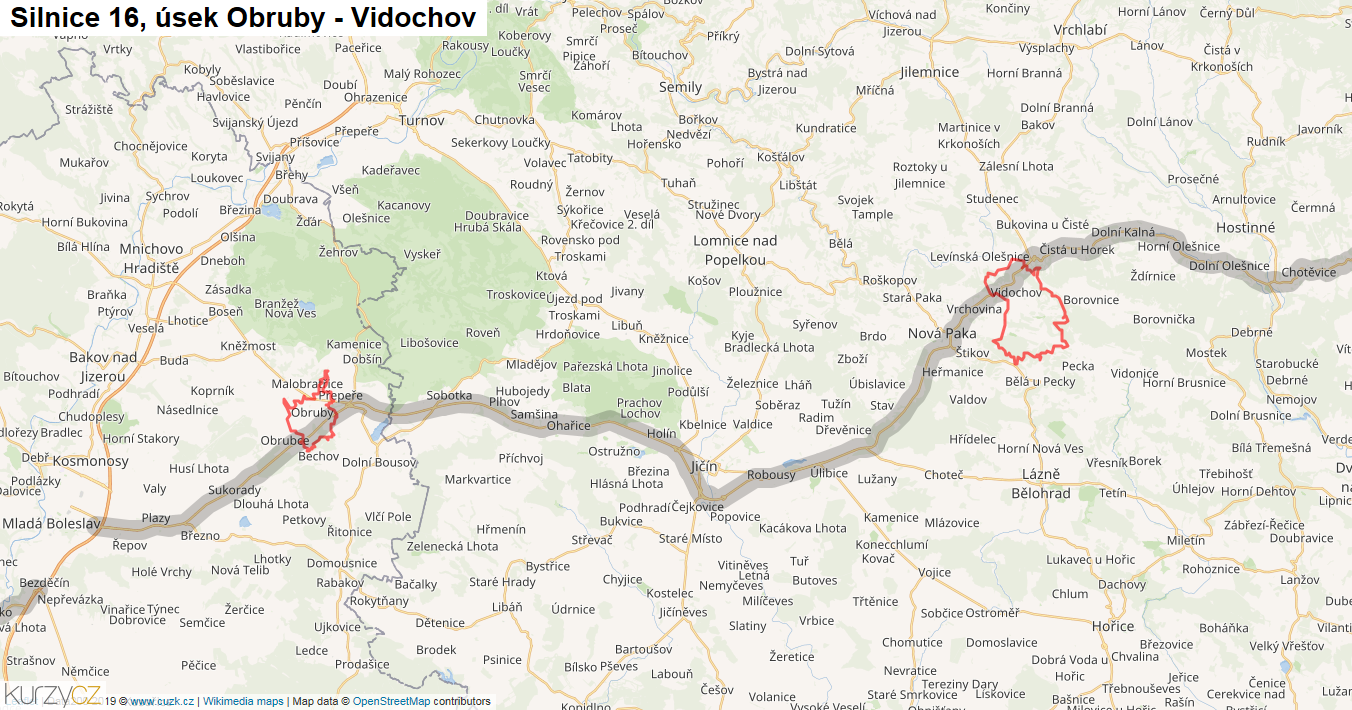 Úsek Obruby - Vidochov, Silnice 16 - Mapa