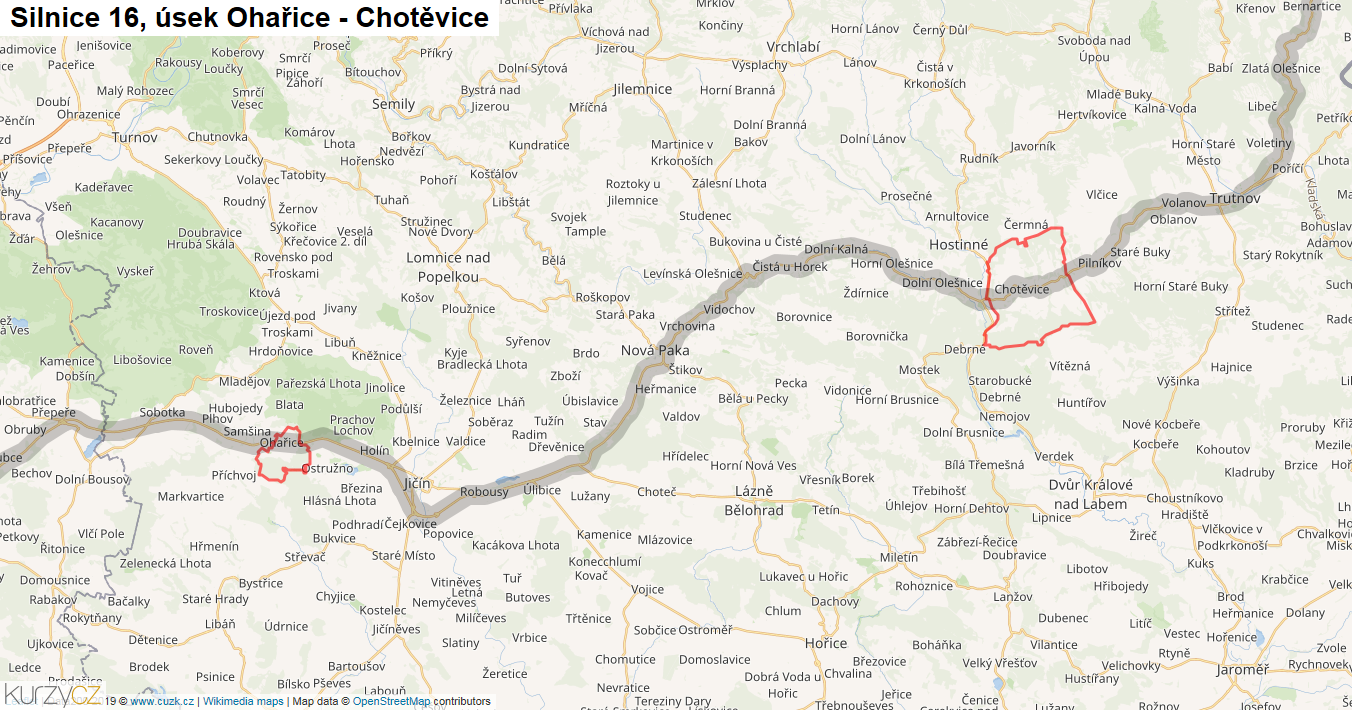 Úsek Ohařice - Chotěvice, Silnice 16 - Mapa