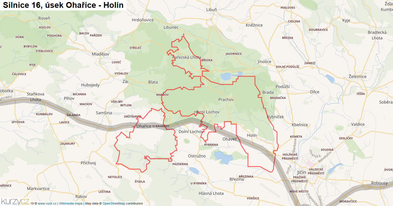 Úsek Ohařice - Holín, Silnice 16 - Mapa