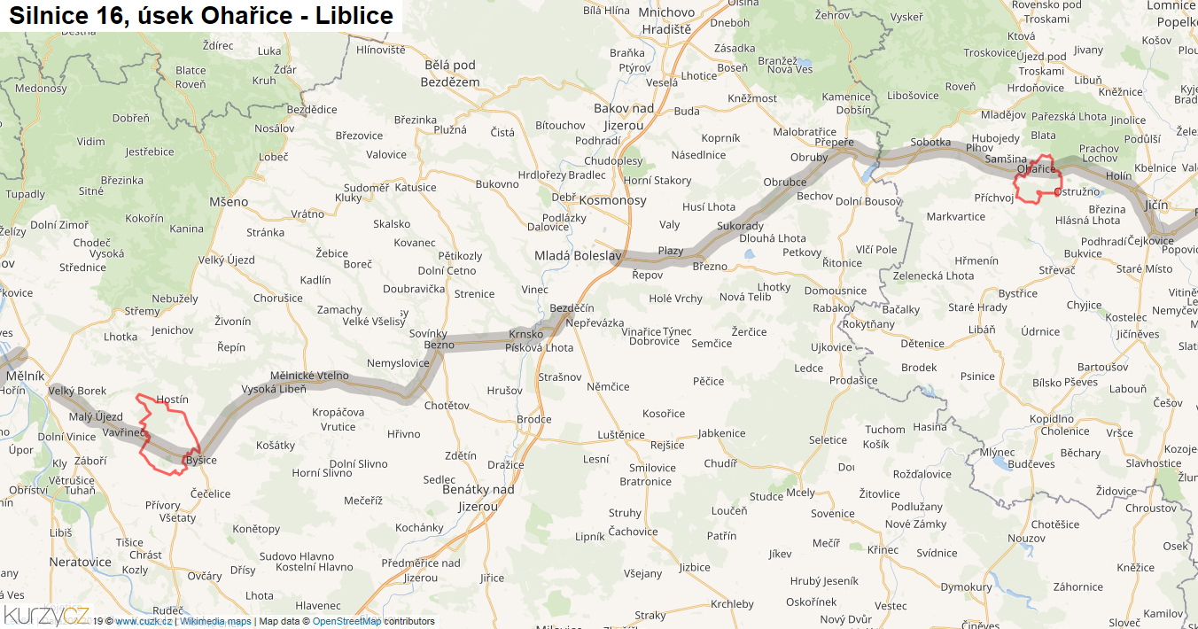 Úsek Ohařice - Liblice, Silnice 16 - Mapa