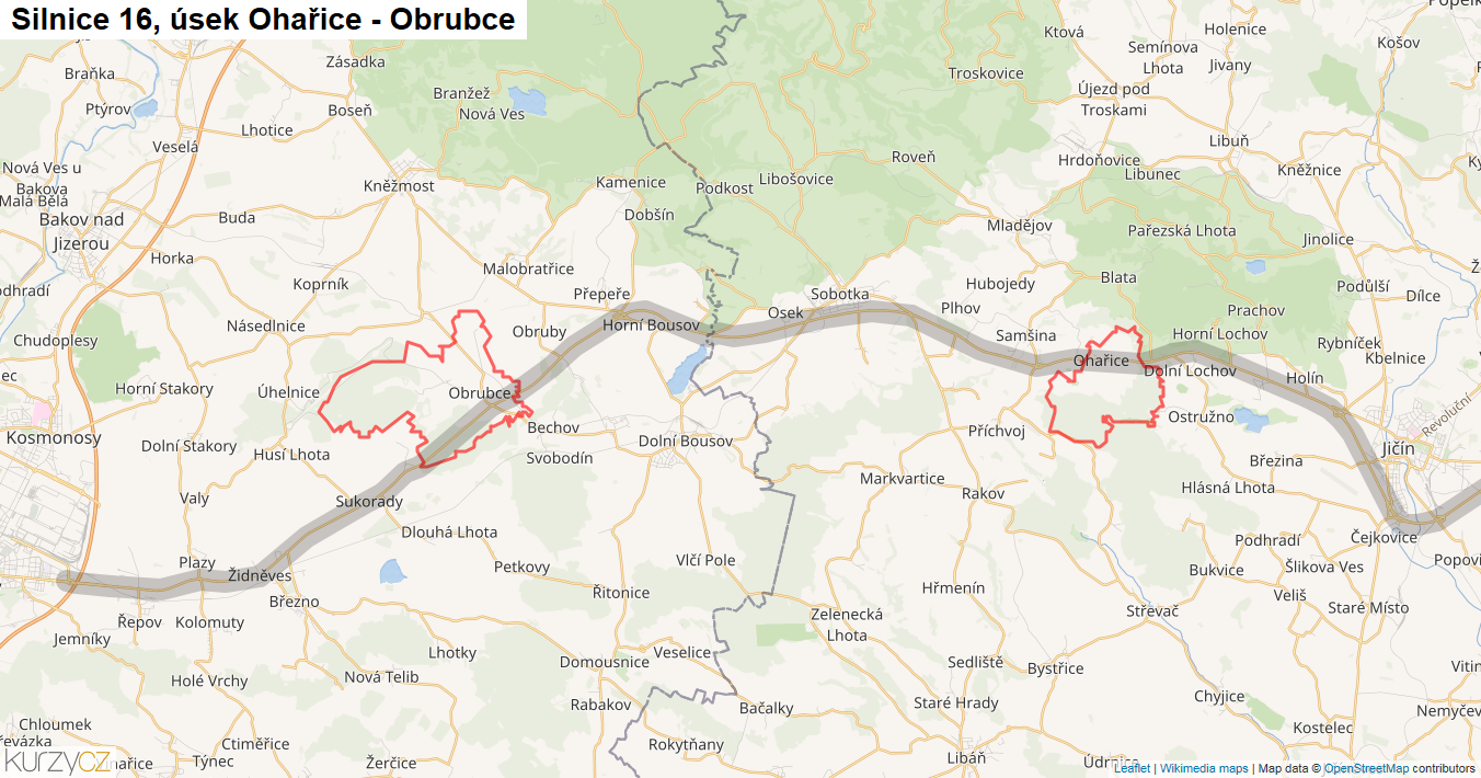 Úsek Ohařice - Obrubce, Silnice 16 - Mapa