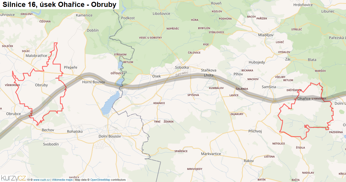 Úsek Ohařice - Obruby, Silnice 16 - Mapa