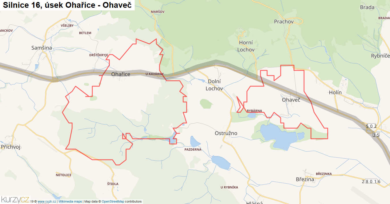 Úsek Ohařice - Ohaveč, Silnice 16 - Mapa
