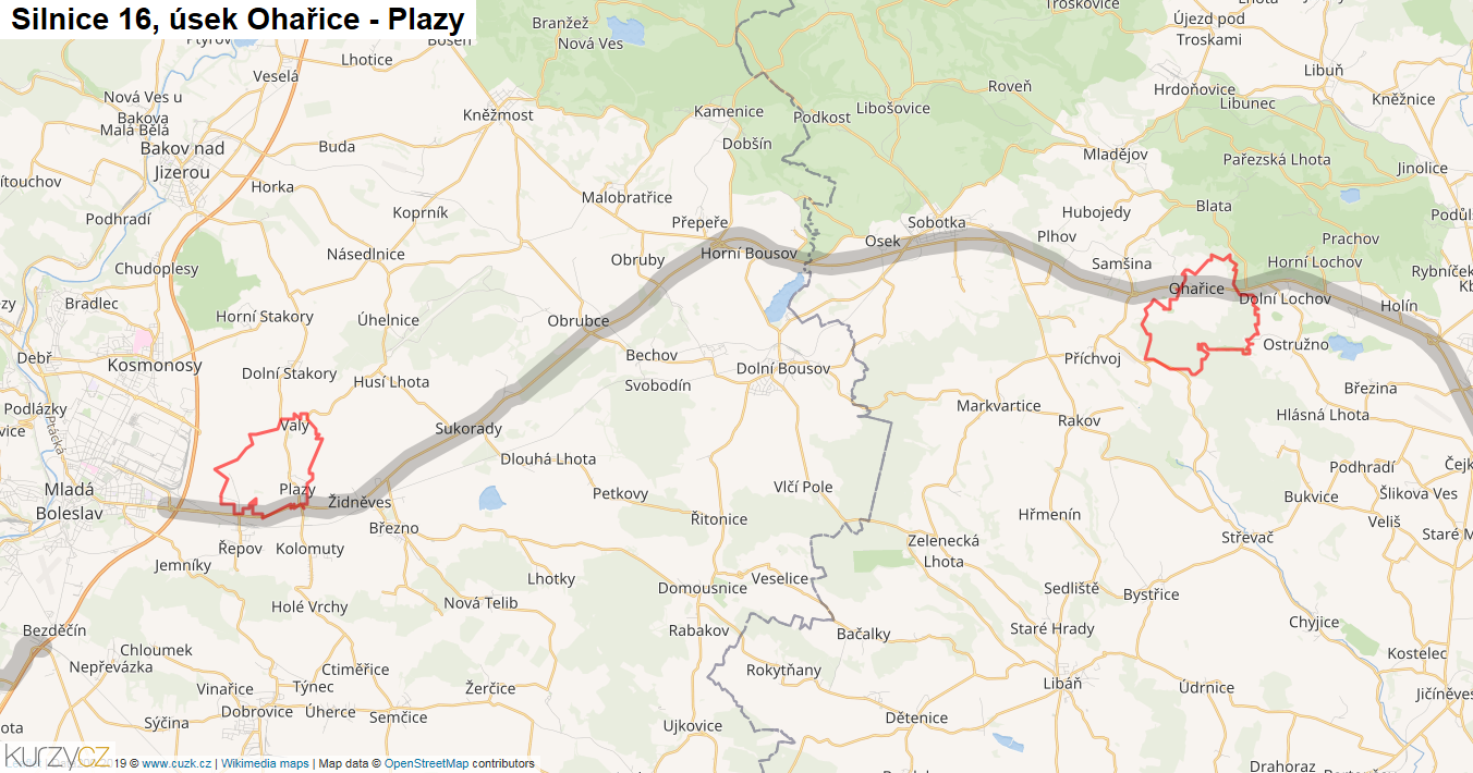 Úsek Ohařice - Plazy, Silnice 16 - Mapa