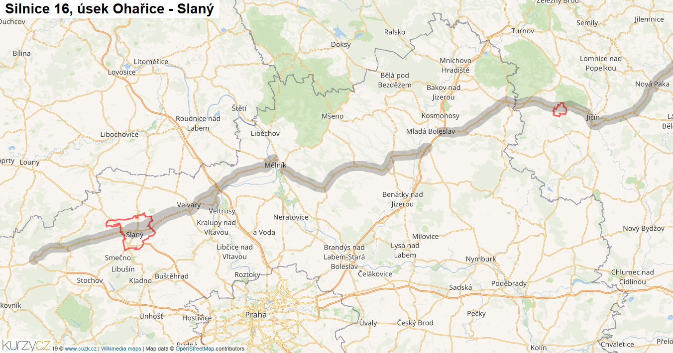 Úsek Ohařice - Slaný, Silnice 16 - Mapa