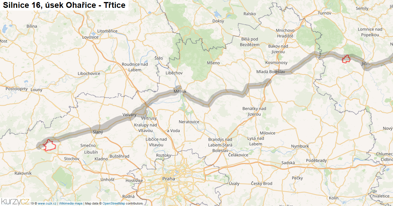 Úsek Ohařice - Třtice, Silnice 16 - Mapa