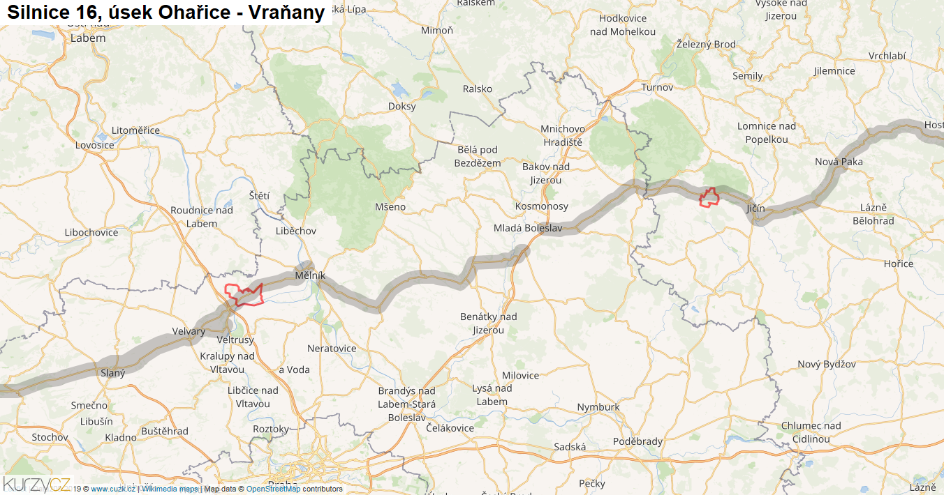 Úsek Ohařice - Vraňany, Silnice 16 - Mapa