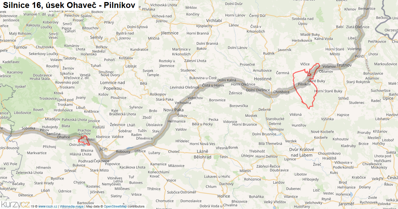 Úsek Ohaveč - Pilníkov, Silnice 16 - Mapa