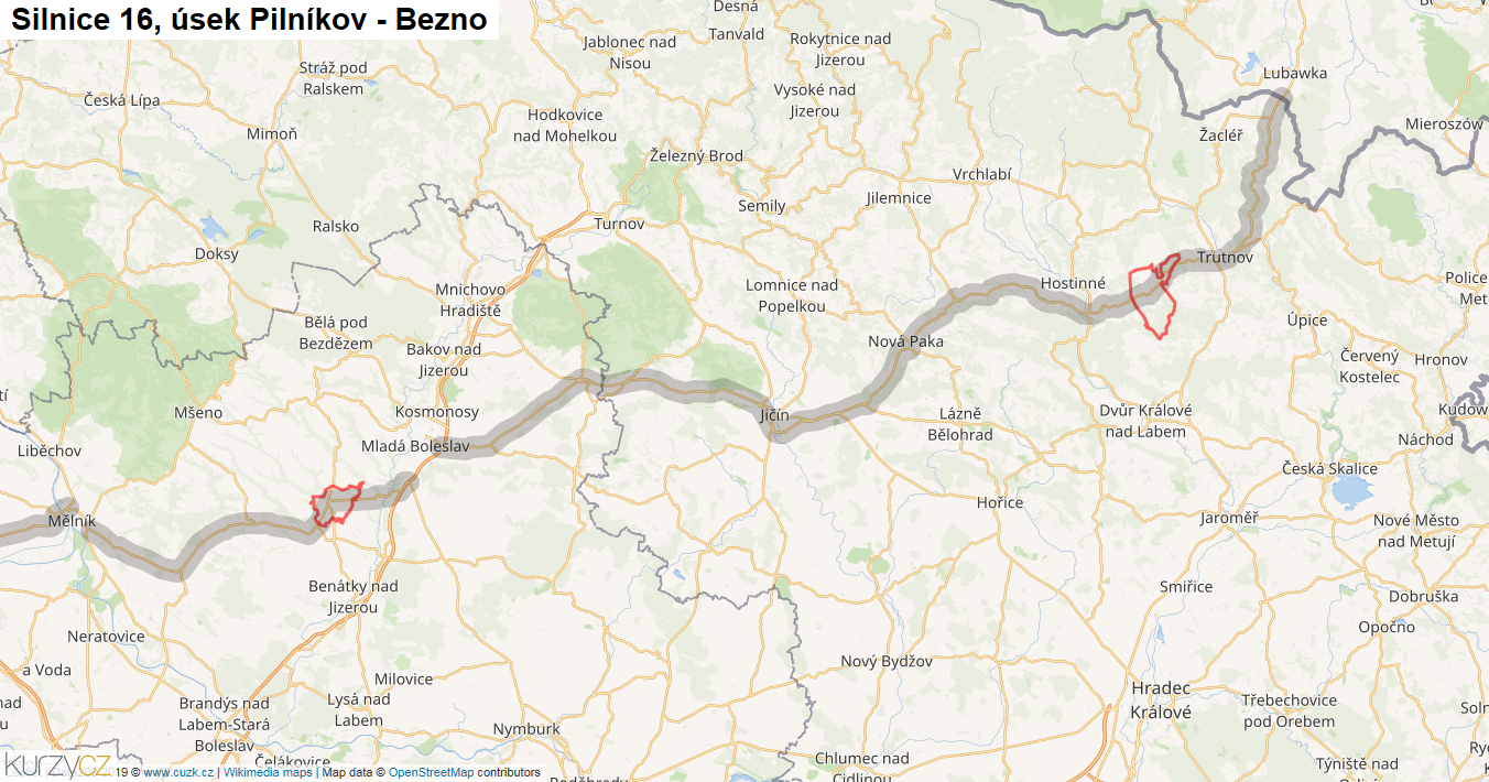 Úsek Pilníkov - Bezno, Silnice 16 - Mapa