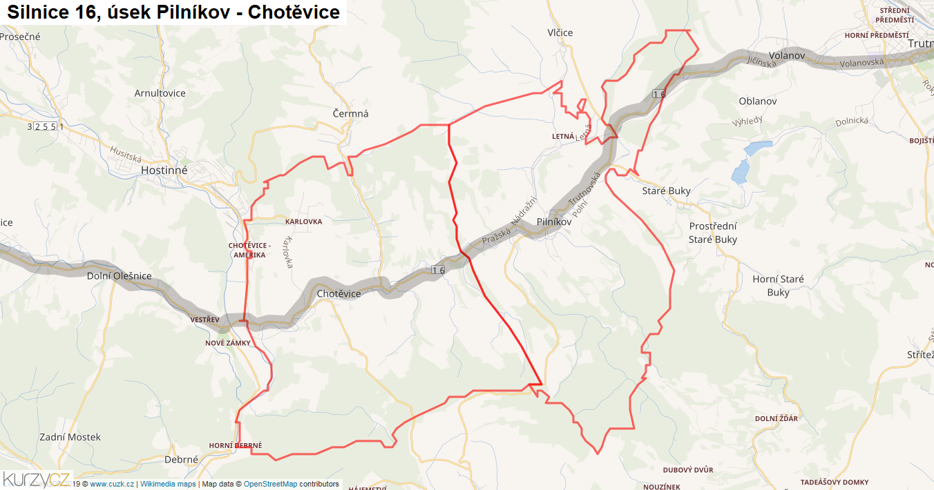 Úsek Pilníkov - Chotěvice, Silnice 16 - Mapa