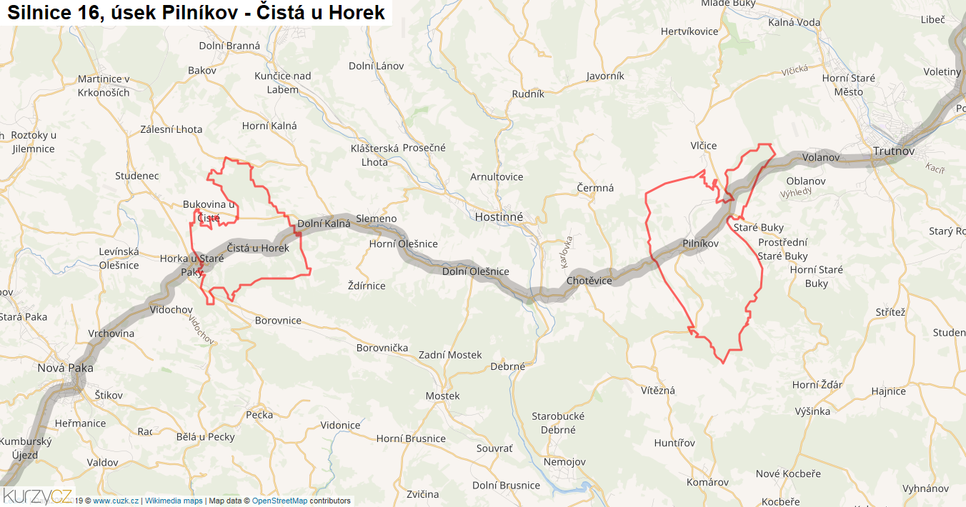 Úsek Pilníkov - Čistá u Horek, Silnice 16 - Mapa