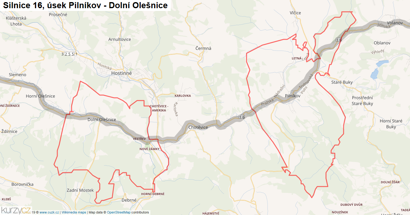 Úsek Pilníkov - Dolní Olešnice, Silnice 16 - Mapa