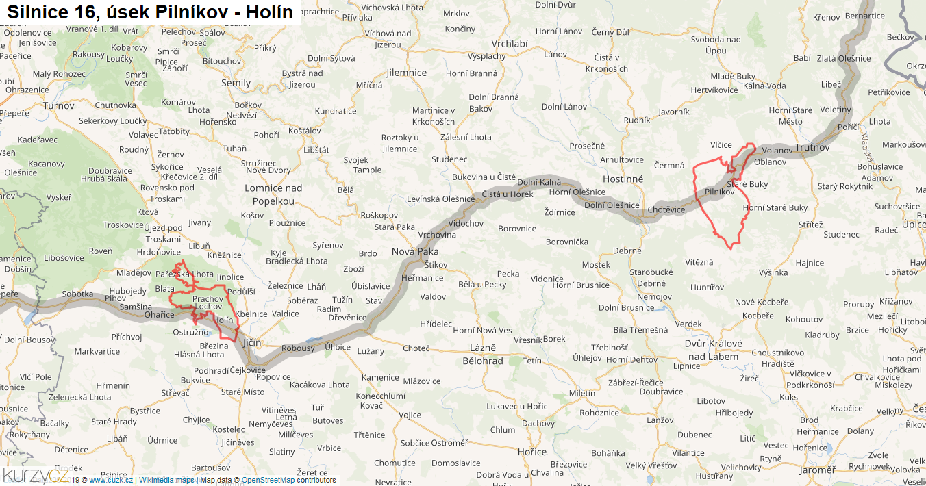 Úsek Pilníkov - Holín, Silnice 16 - Mapa