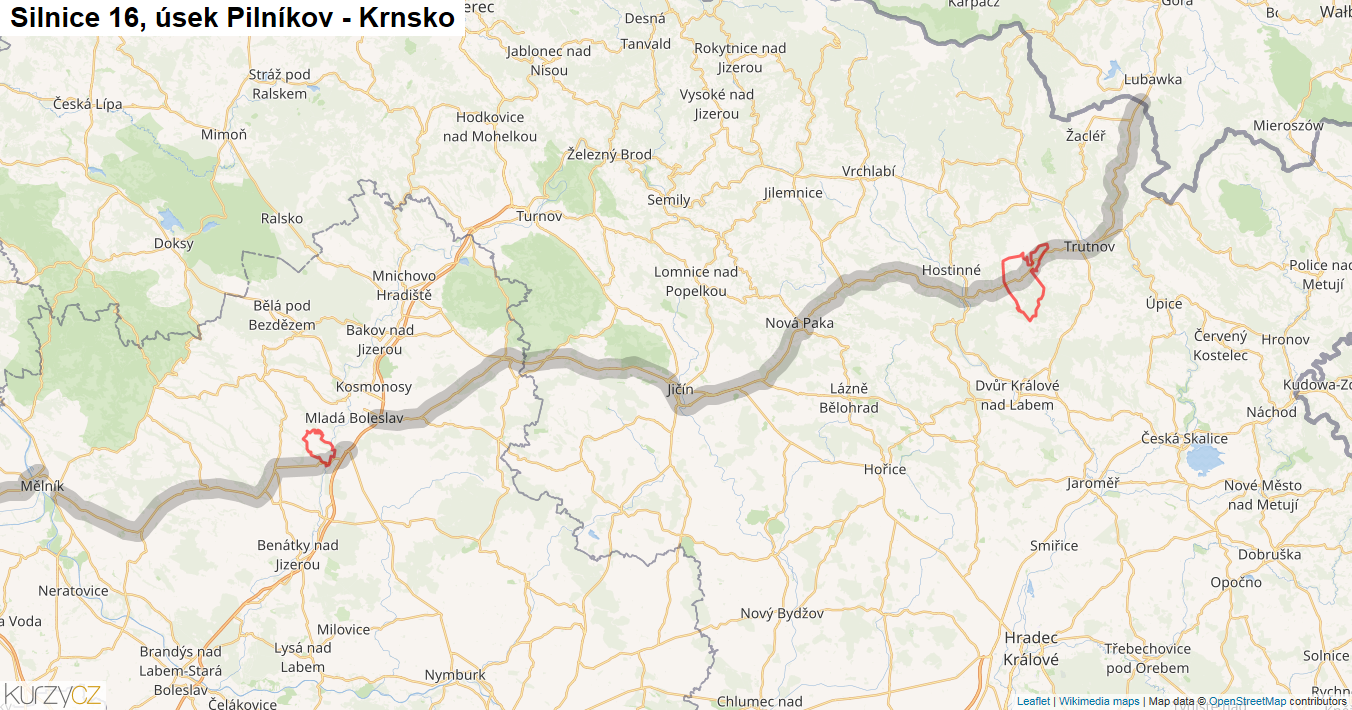 Úsek Pilníkov - Krnsko, Silnice 16 - Mapa