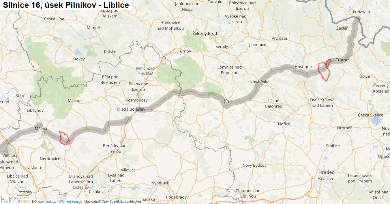 Úsek Pilníkov - Liblice, Silnice 16 - Mapa
