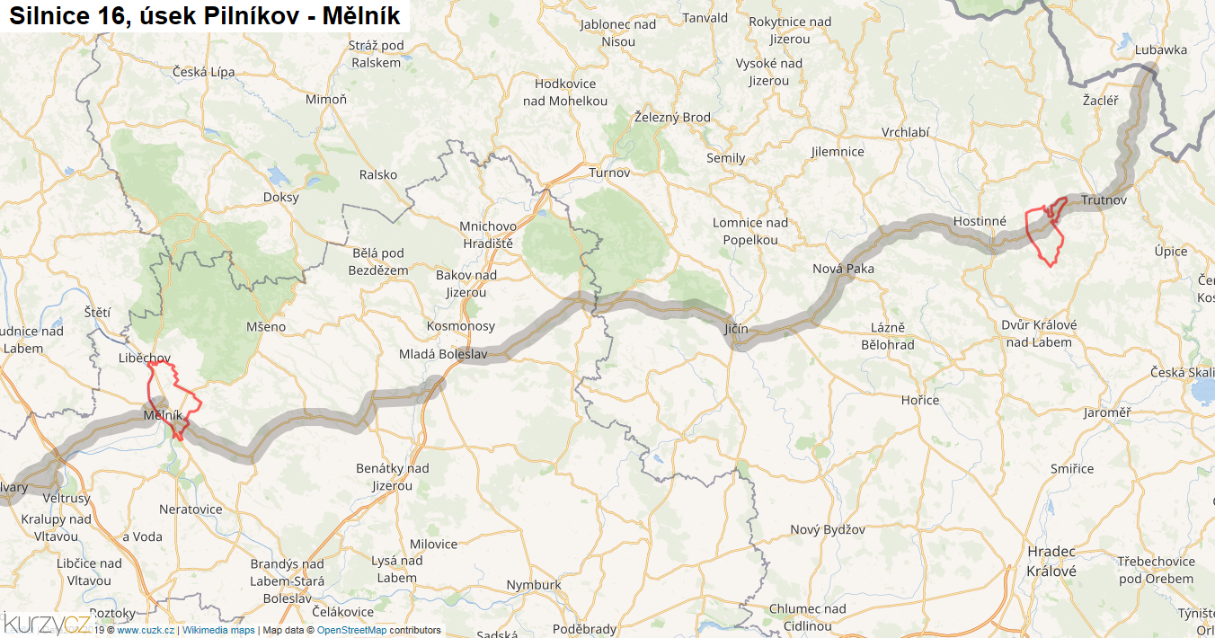 Úsek Pilníkov - Mělník, Silnice 16 - Mapa