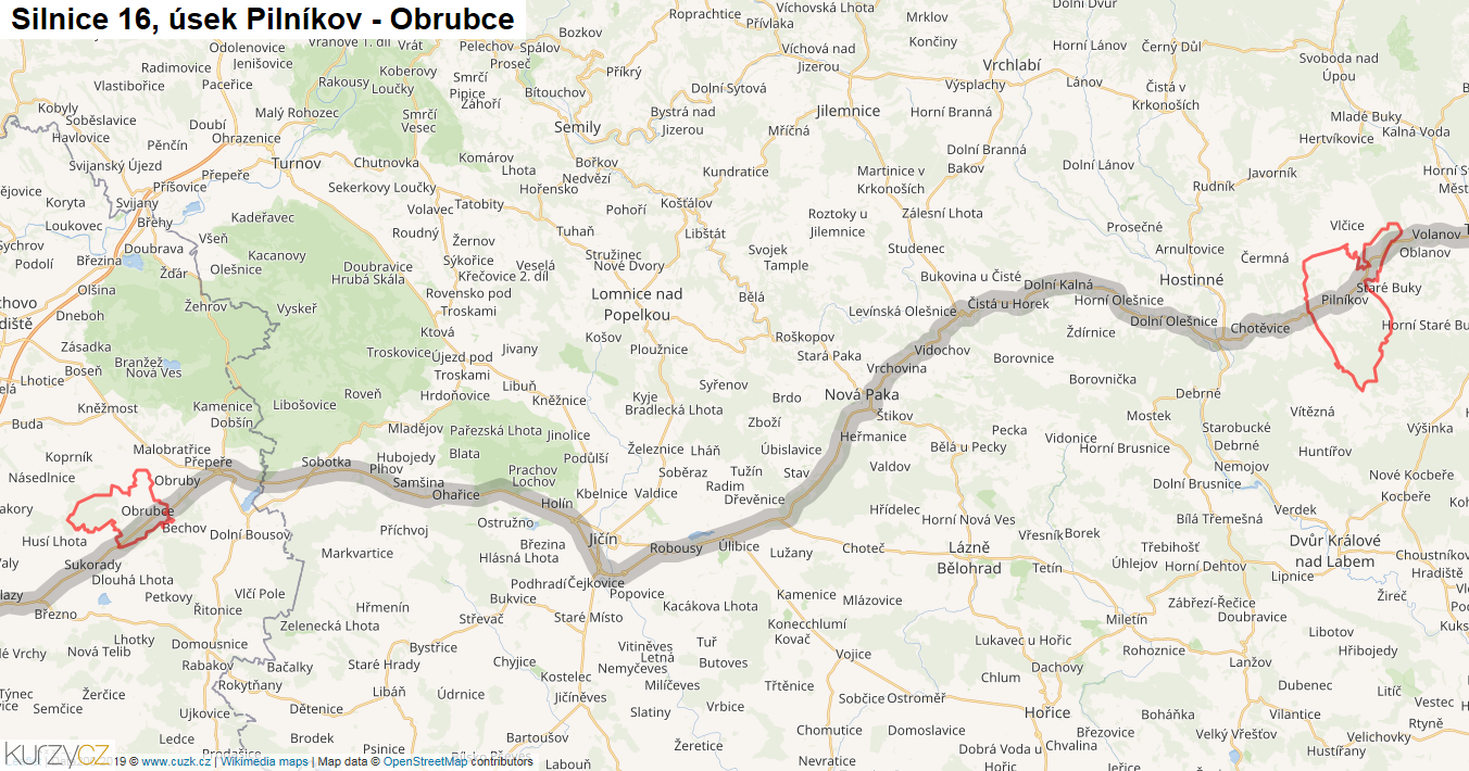 Úsek Pilníkov - Obrubce, Silnice 16 - Mapa
