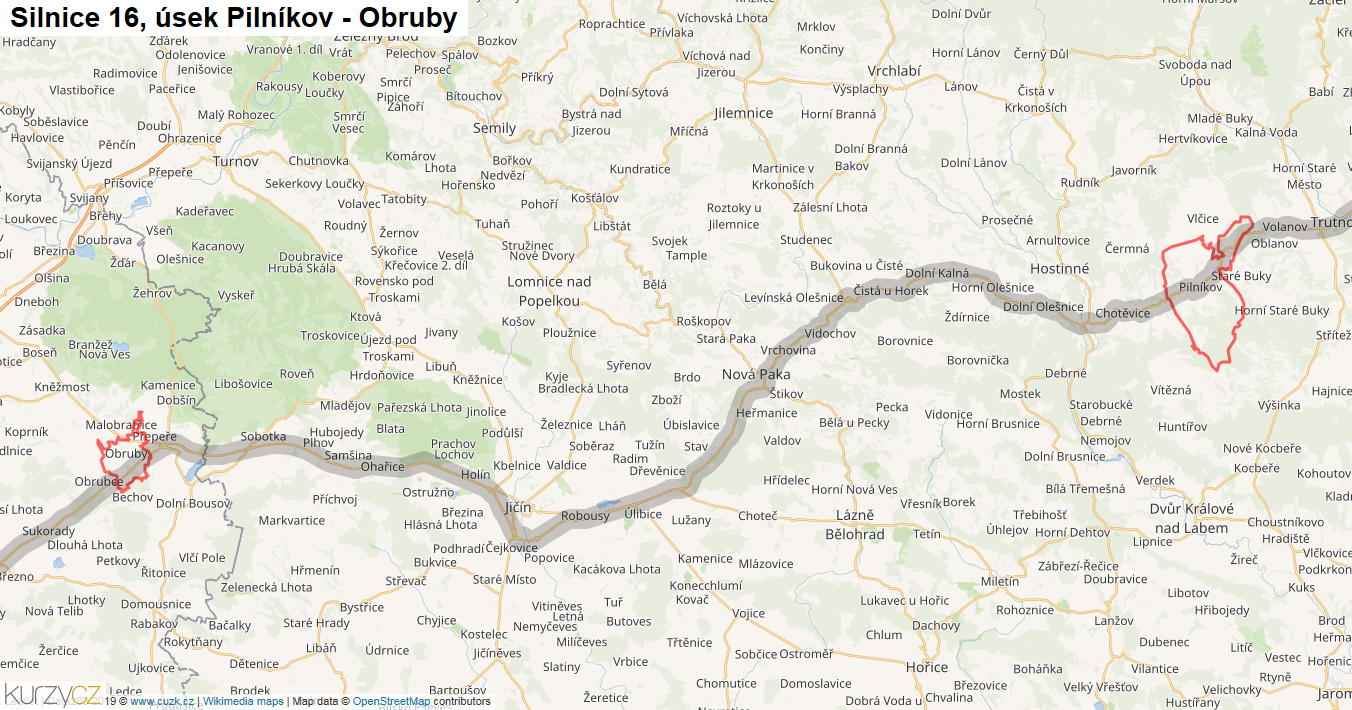 Úsek Pilníkov - Obruby, Silnice 16 - Mapa