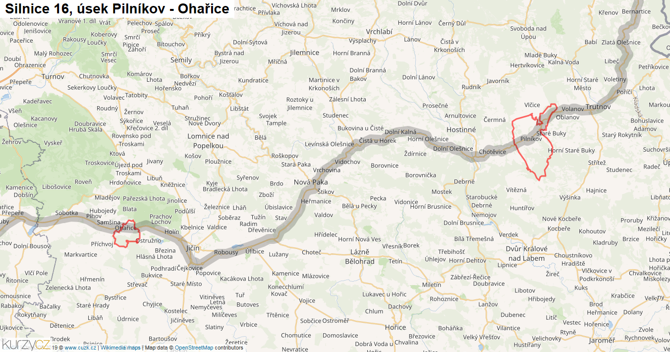 Úsek Pilníkov - Ohařice, Silnice 16 - Mapa