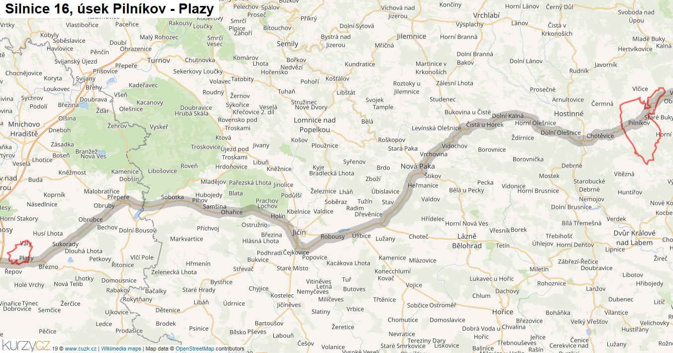 Úsek Pilníkov - Plazy, Silnice 16 - Mapa