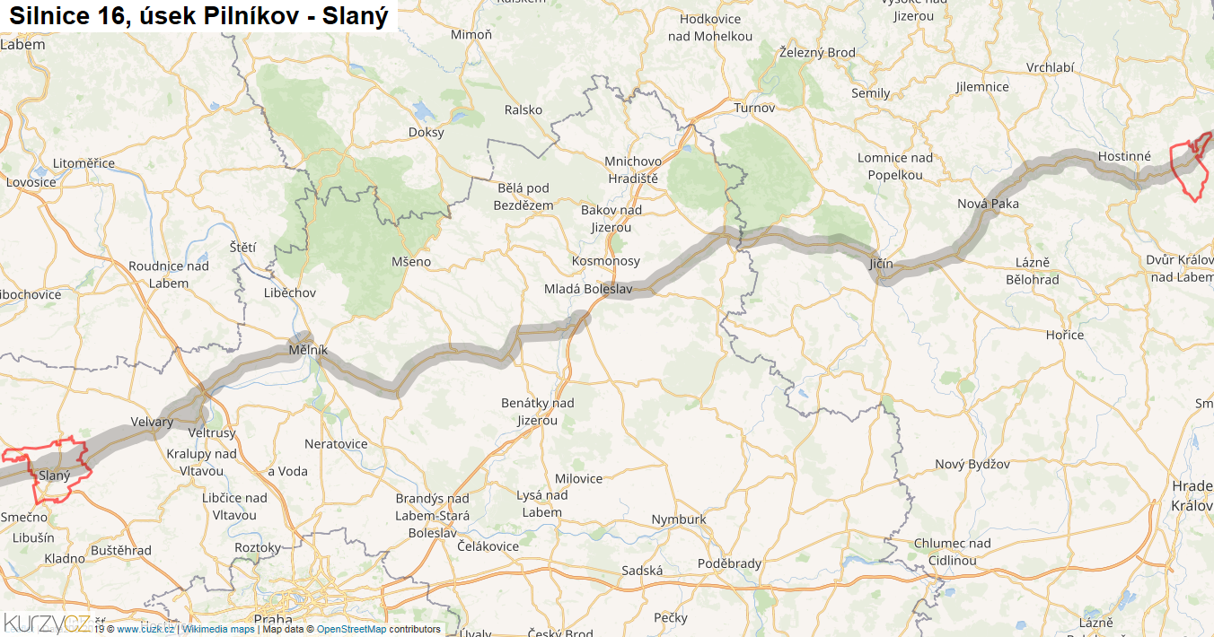 Úsek Pilníkov - Slaný, Silnice 16 - Mapa