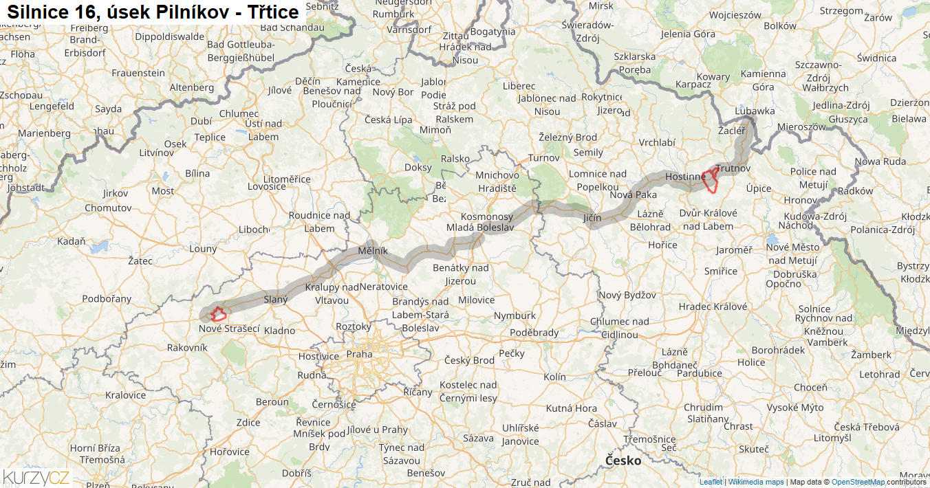 Úsek Pilníkov - Třtice, Silnice 16 - Mapa
