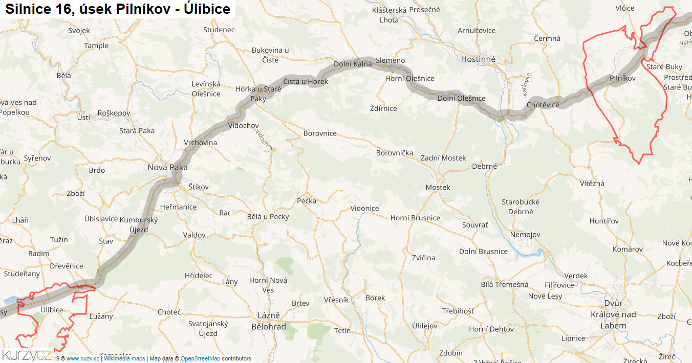 Úsek Pilníkov - Úlibice, Silnice 16 - Mapa