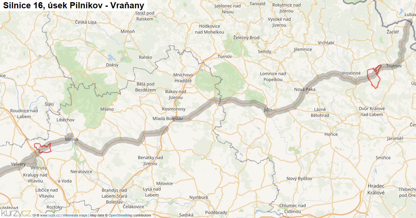 Úsek Pilníkov - Vraňany, Silnice 16 - Mapa