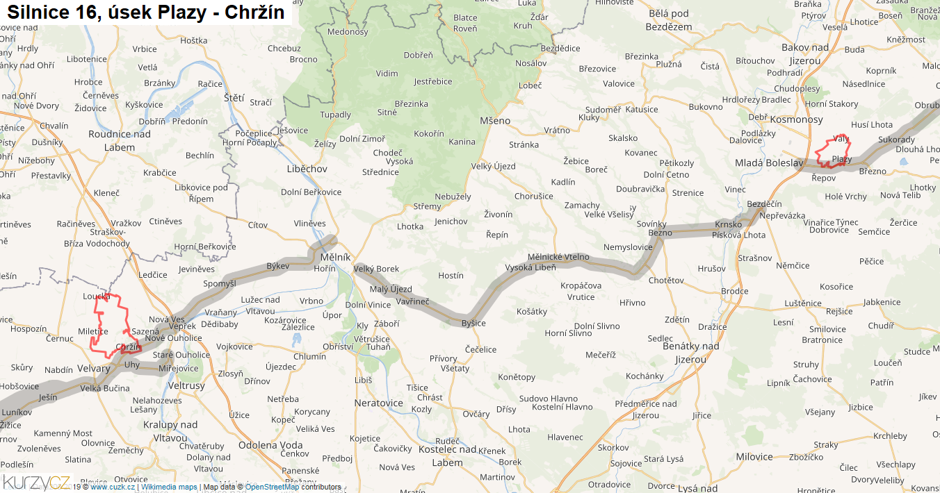 Úsek Plazy - Chržín, Silnice 16 - Mapa